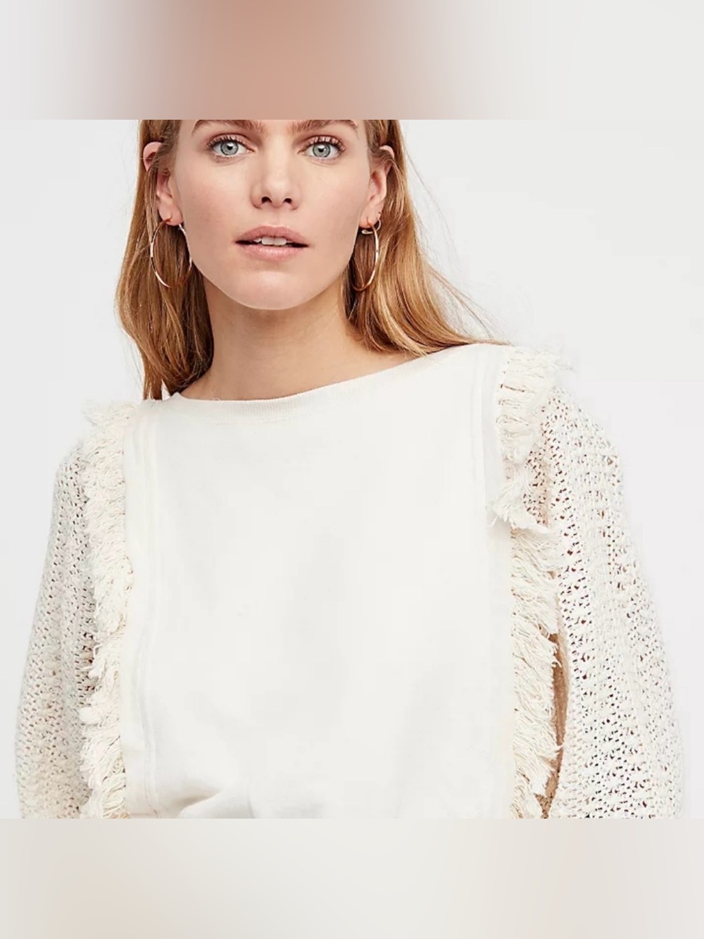 Free People Faff & Fringe Pullover M • Cream • Crochet Sleeves • Boho Cotton